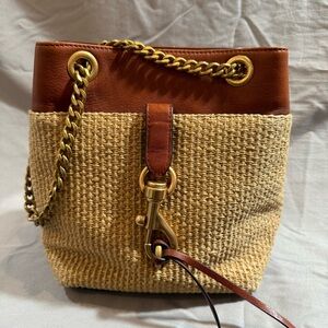 Rebecca Minkoff Edie Straw Bucket Crossbody Bag Antique Brass-Tone Hardware